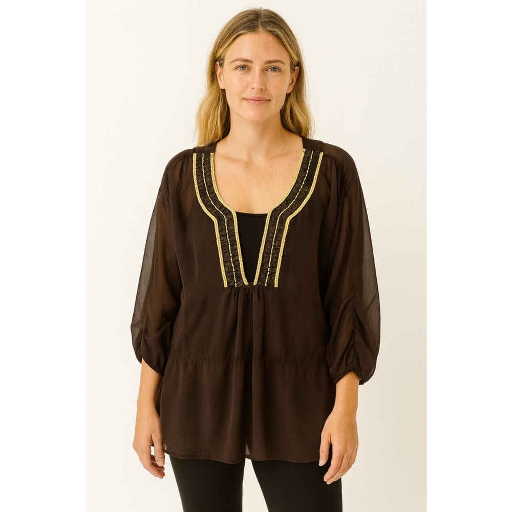 Adrienne Vittadini Tunic Top Brown Sheer Beaded Neckline Size L